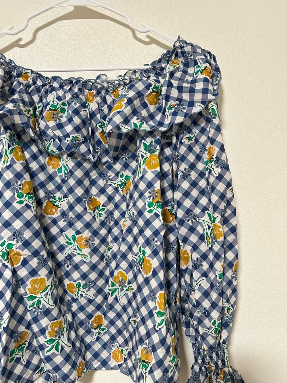 Rixo London Birdie Top Blue Gingham Off-Shoulder Floral Blouse - Picture 3 of 5